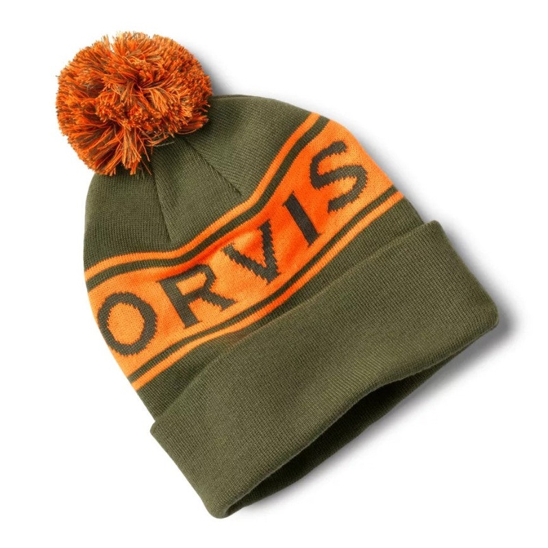 Orvis Logo Pom Beanie – Olive/blaze