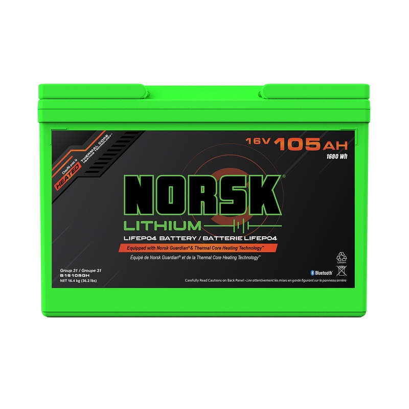 Norsk 16V 105AH Heated LiFePO4 Lithium Deep Cycle Battery
